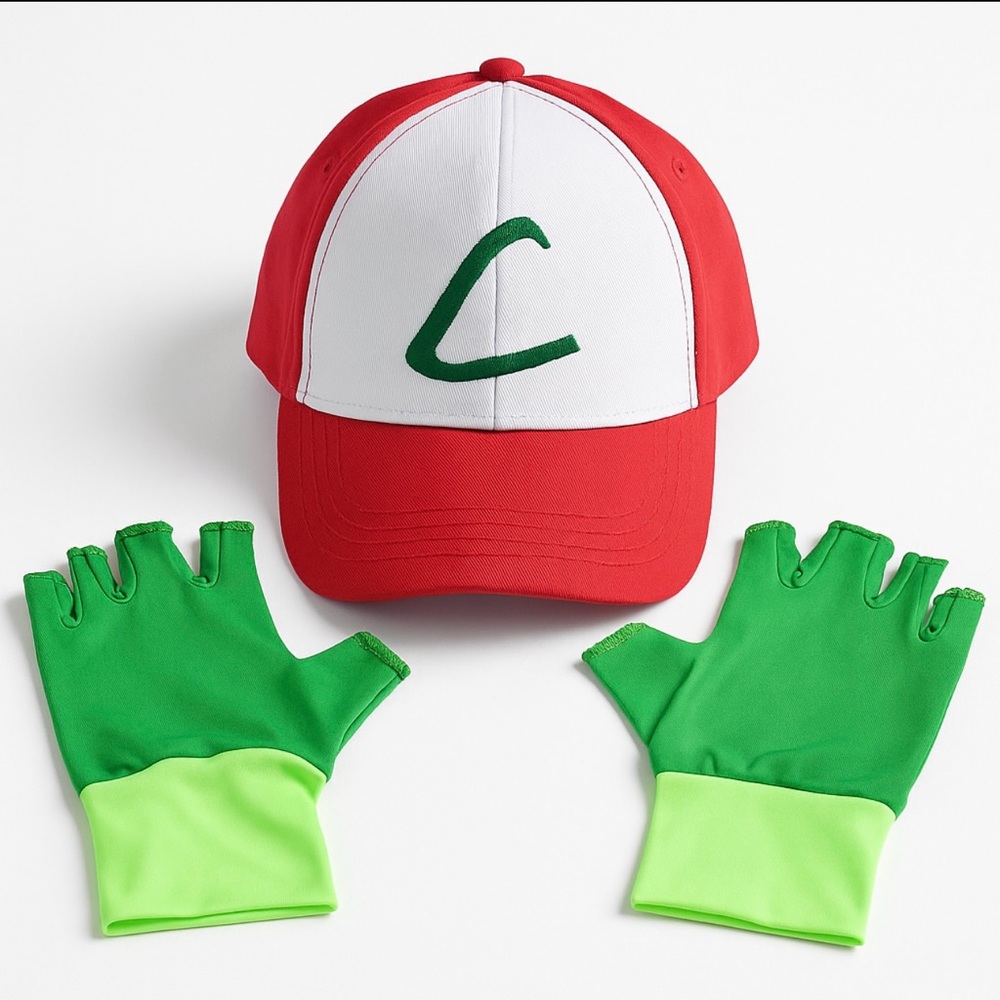 Pokémon Ash Ketchum Red and White Cap with Green Gloves